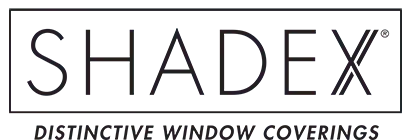 A black and white logo for shadex distinctive window coverings.