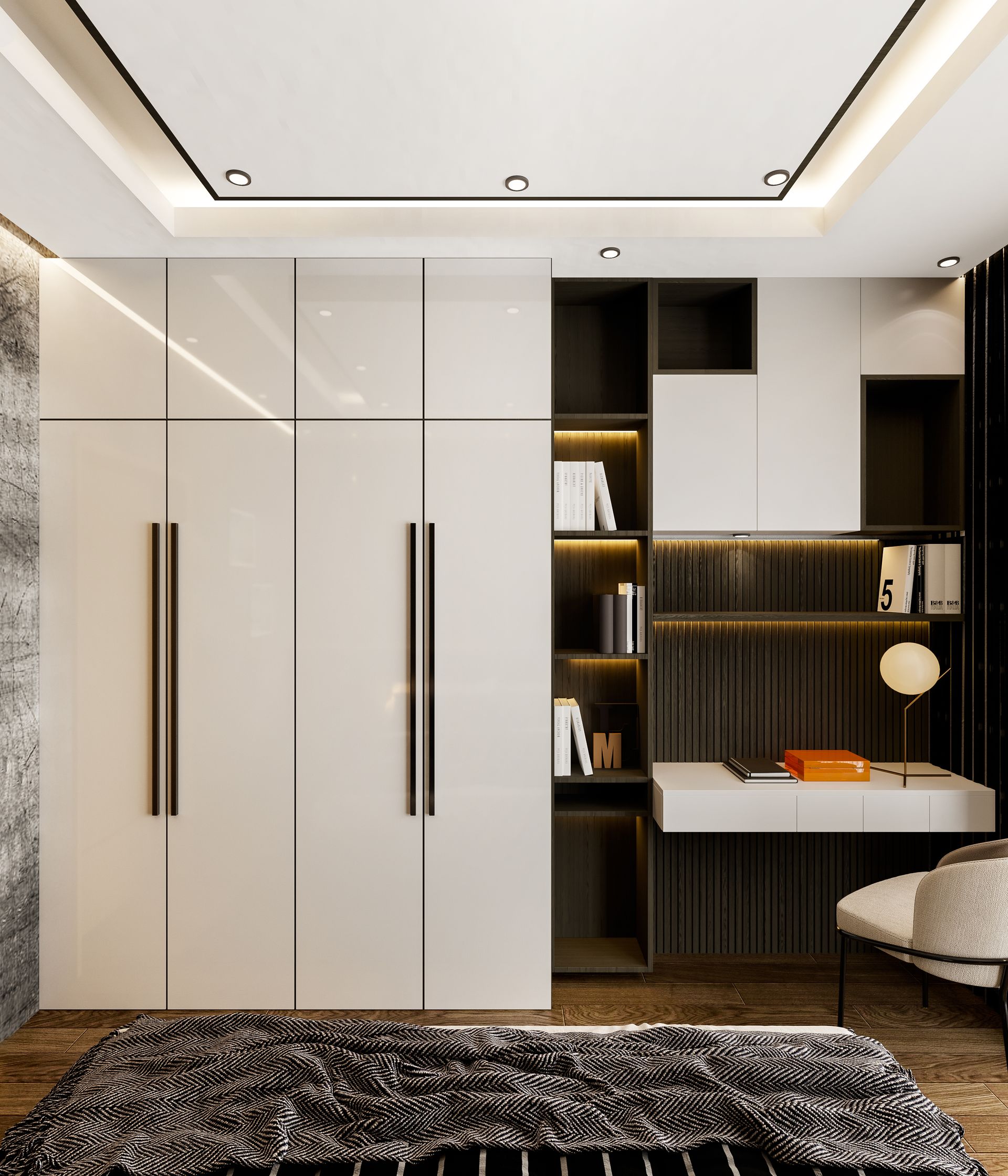 A bedroom with white cabinets and a desk