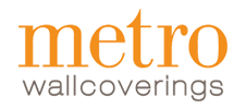 The logo for metro wallcoverings is orange and white
