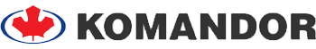 A logo for komandor with a red maple leaf in a circle.