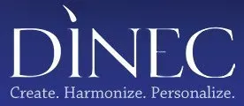 A blue and white logo for dinec that says create harmonize personalize
