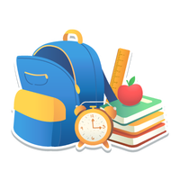 Blue backpack with yellow accents, books, alarm clock, apple, and ruler.