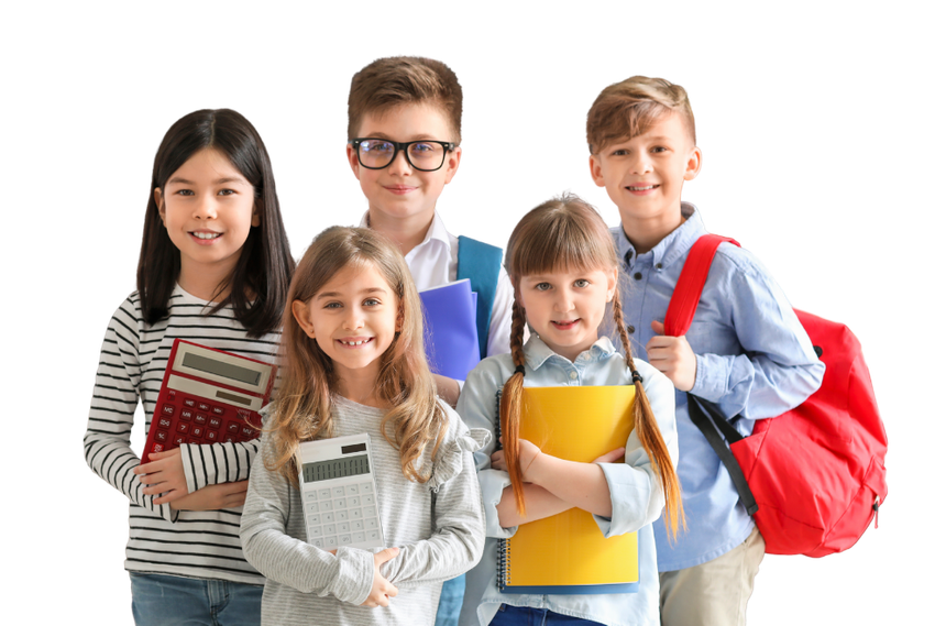 Five diverse children smiling, holding books and calculators, ready for school.