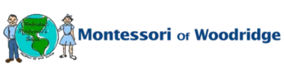 Logo for Montessori of Woodridge: boy, girl, globe, and text.