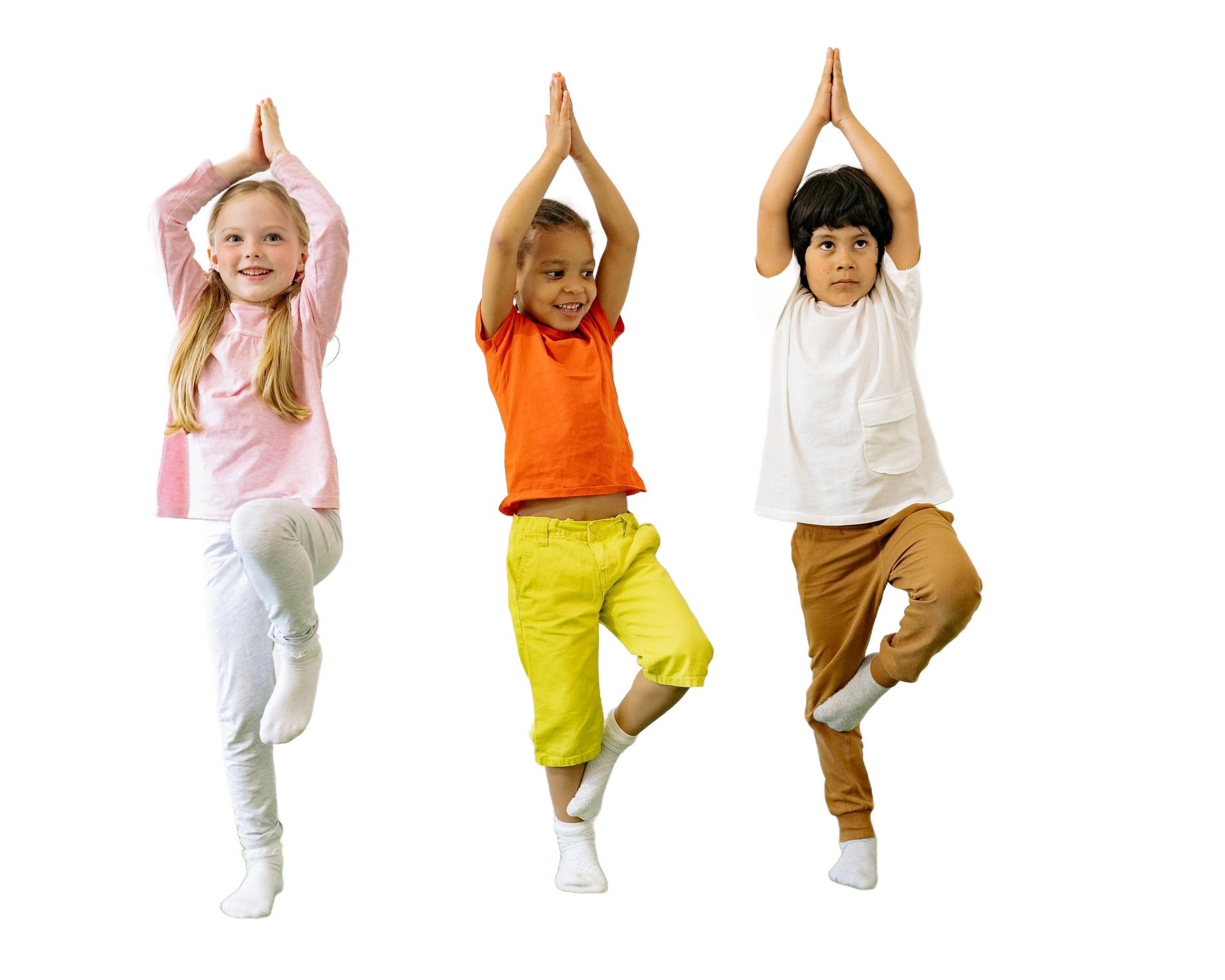 Three children doing yoga: tree pose with arms overhead.