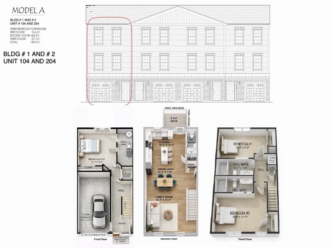 Architectural floor plans and a front elevation drawing for a three-story townhome unit.