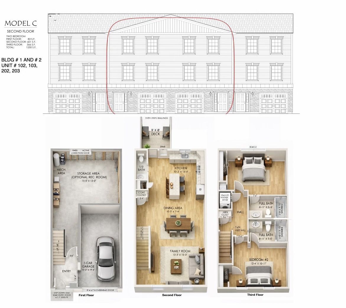 Architectural floor plans and a building elevation drawing for a three-level townhouse unit.