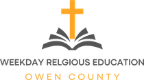 Orange cross over an open book, "Weekday Religious Education Owen County" below.