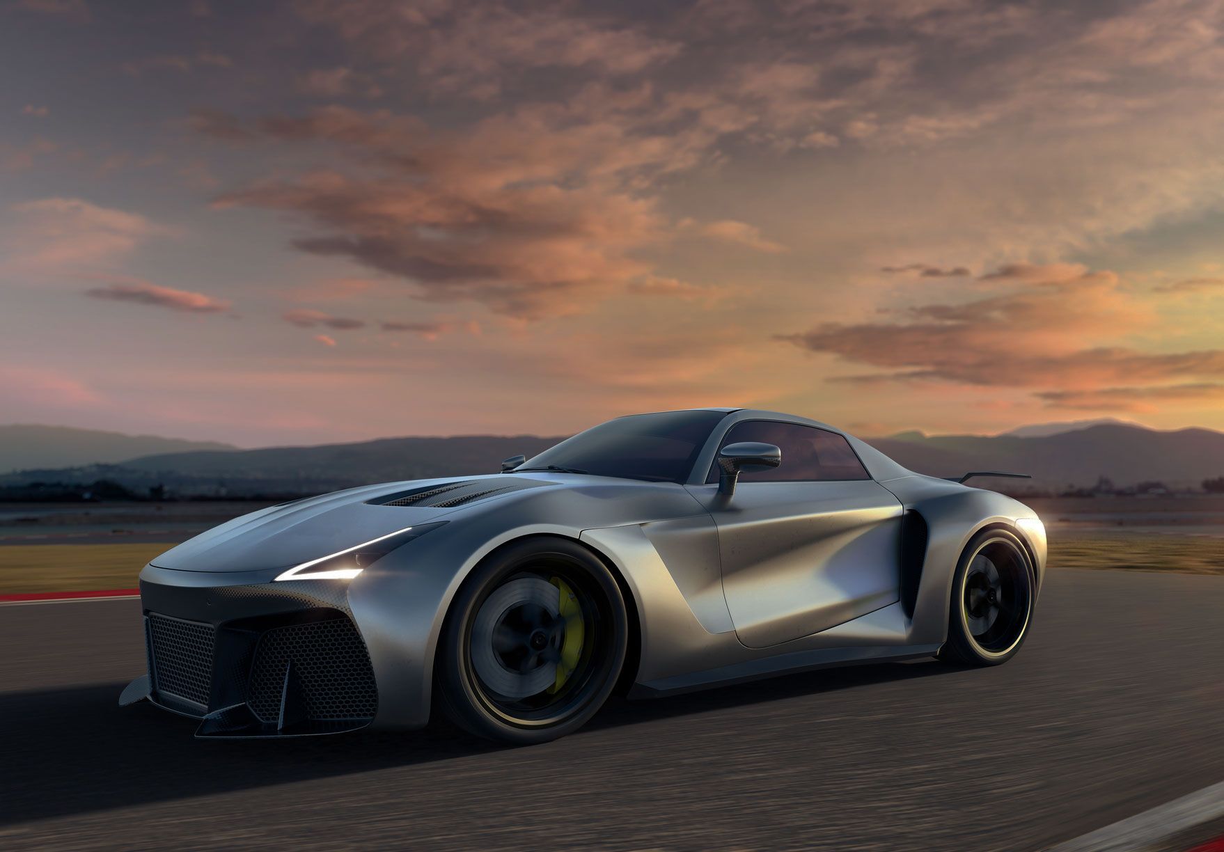 una supercar viola è parcheggiata davanti a un edificio