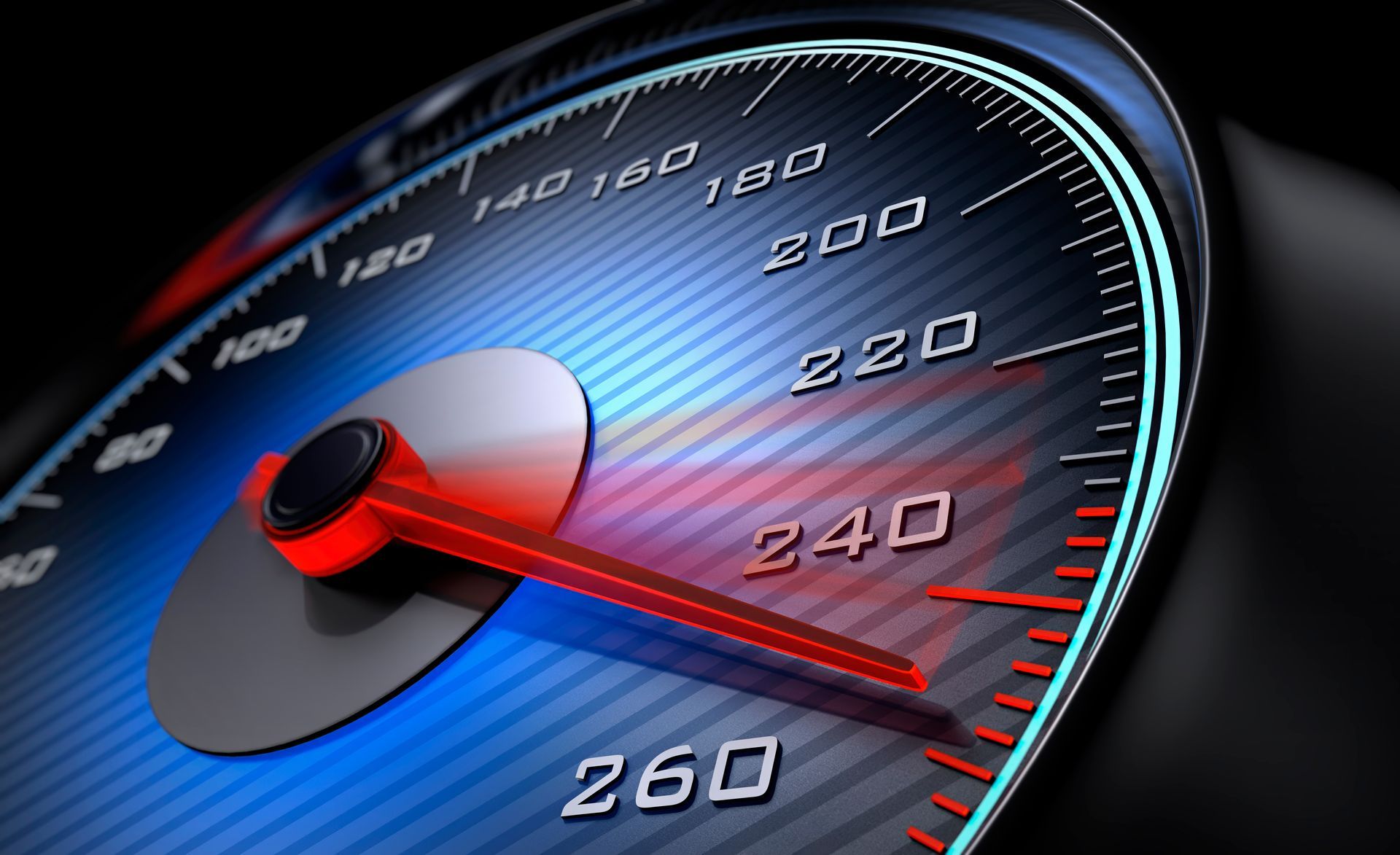 Geschwindigkeitsmesser mit rotem Zeiger bei 240 vor blau-schwarzem Hintergrund.