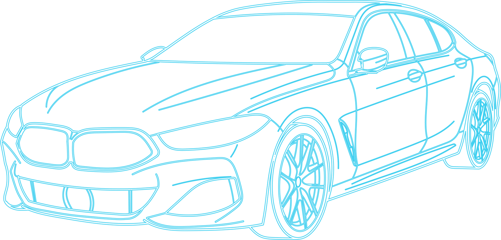 Blaue Umrisse eines Autos, wahrscheinlich eines BMW, mit detailliertem Rad- und Karosseriedesign.