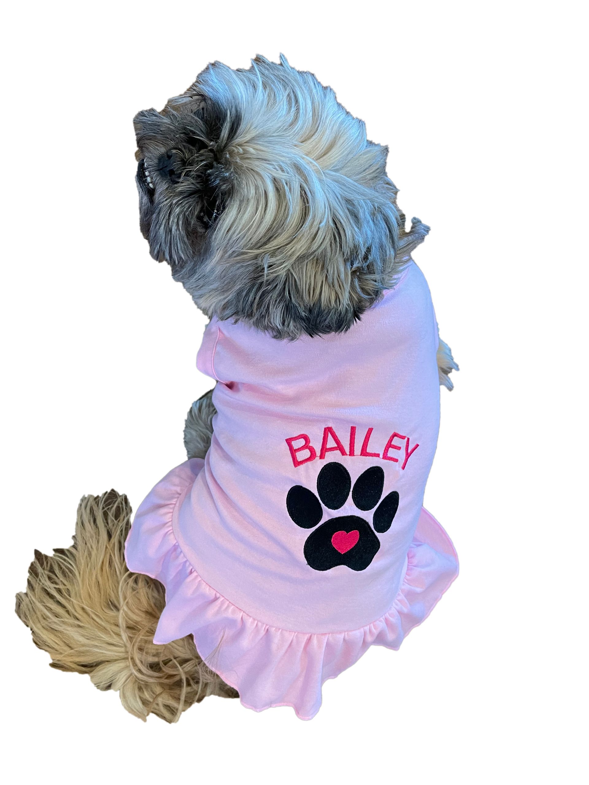 Pet Dress with ruffle with paw print design and pet's name embroidered