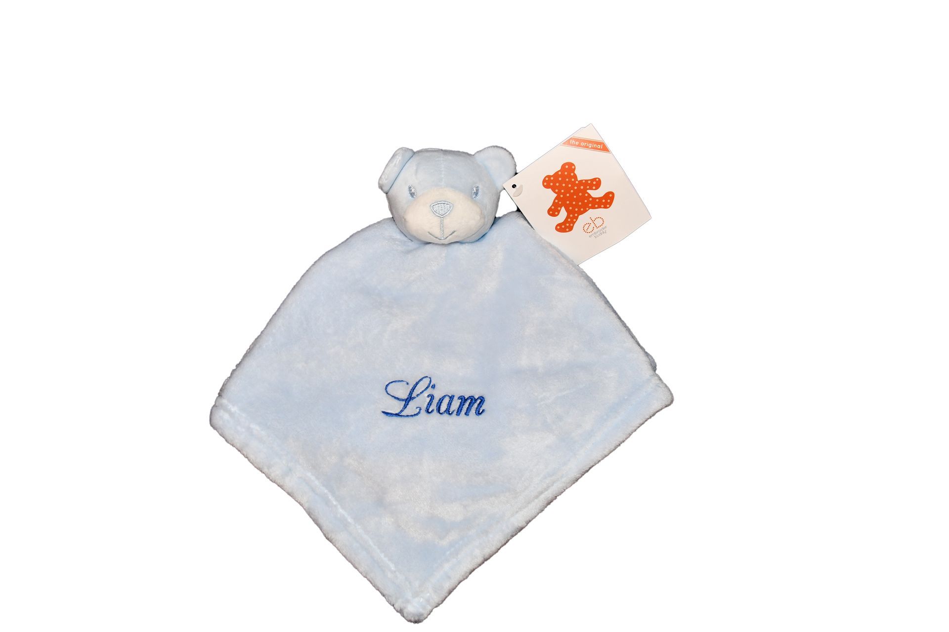 Infant Lovie in blue with name embroidered.