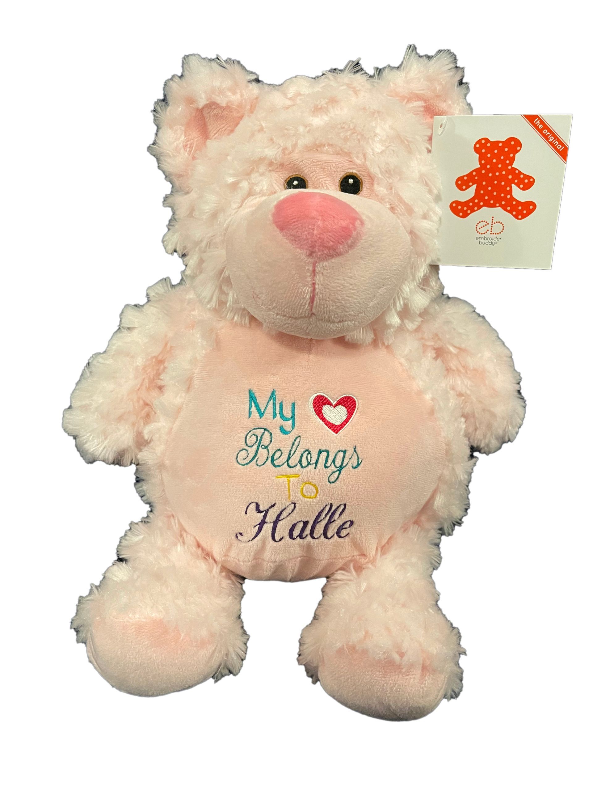 Personalized Stuffed Animals with a message and name embroidered on the front.