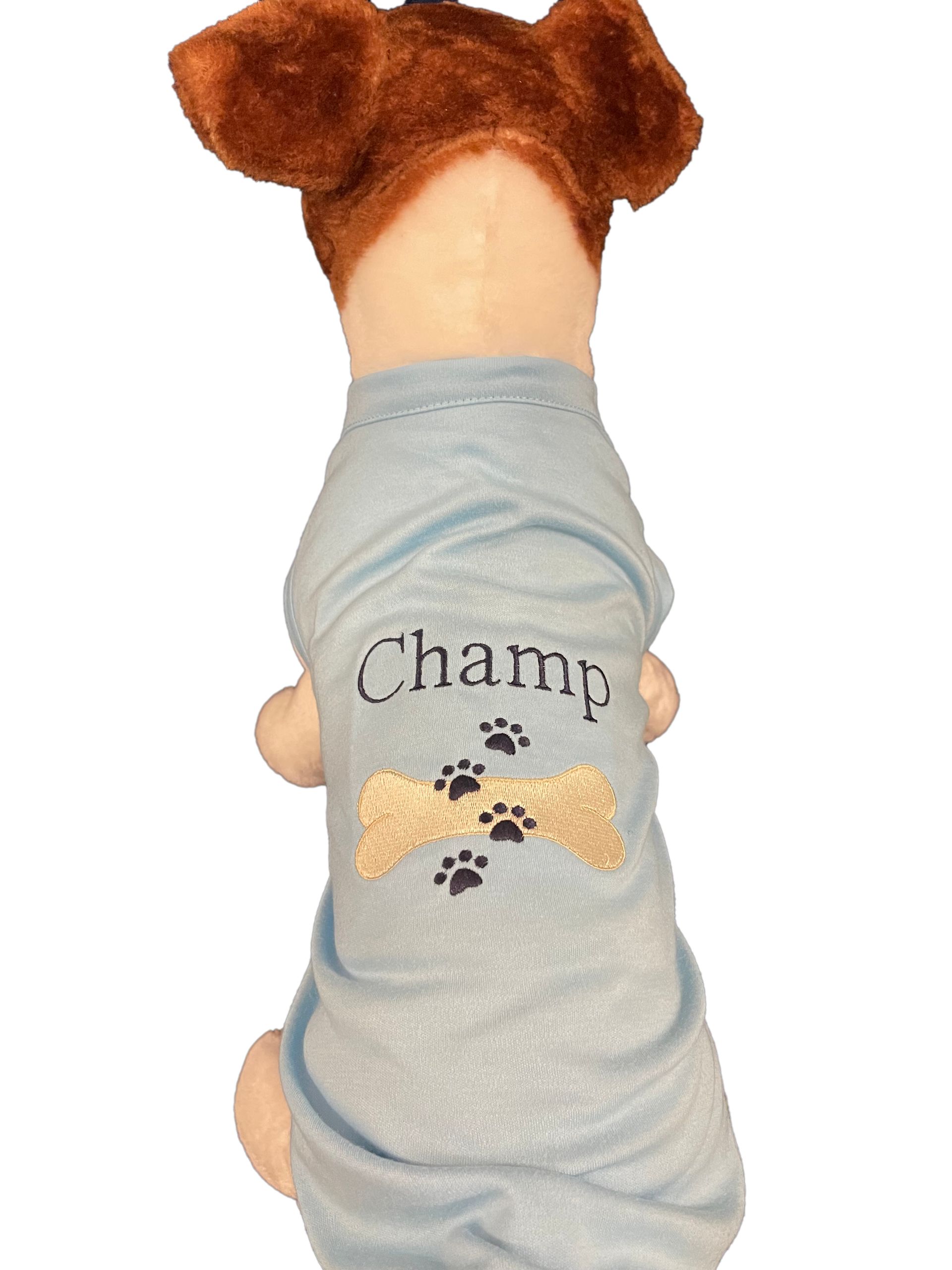 Pet T-Shirt personalized with embroidered name and cute design that includes a dog bone and paw prints.