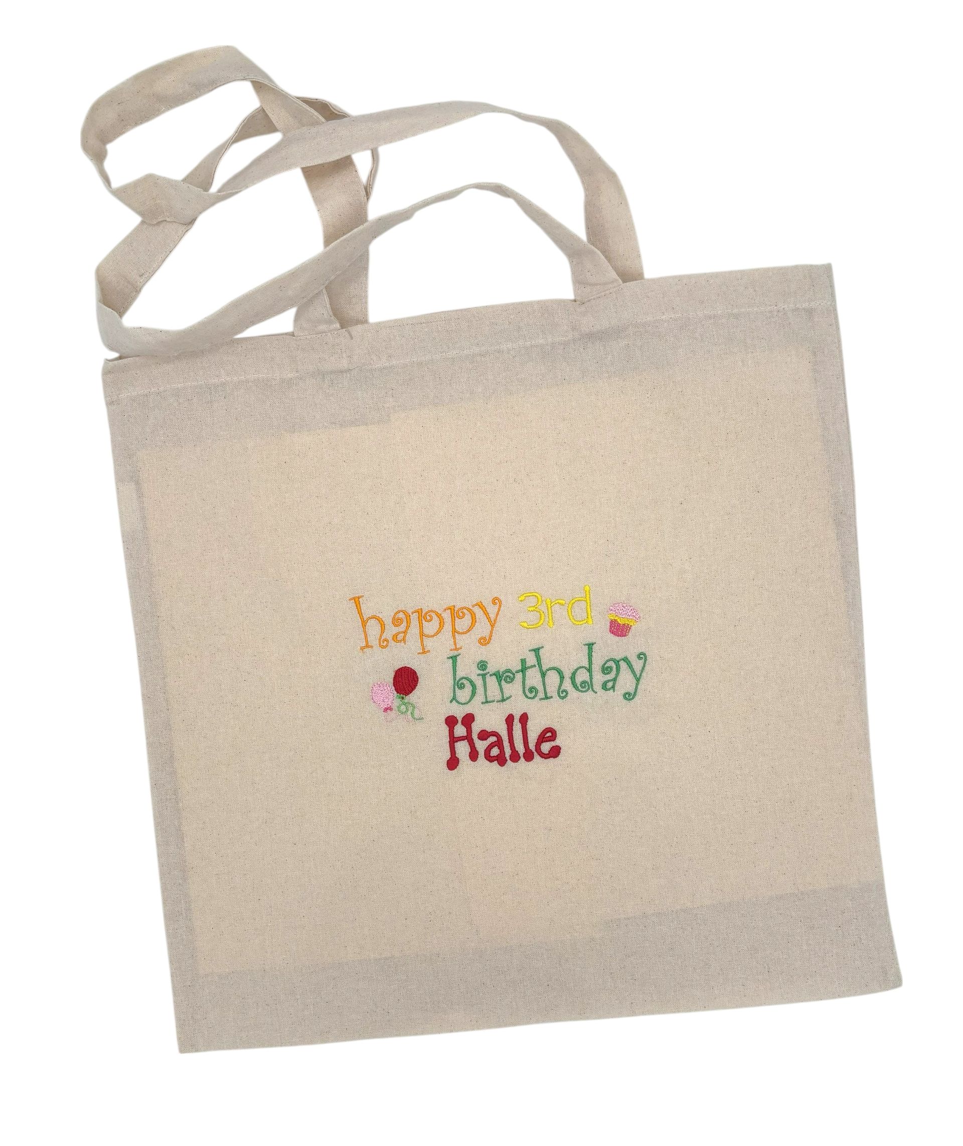 Canvas Tote Bag with happy birthday message embroidered on one sie