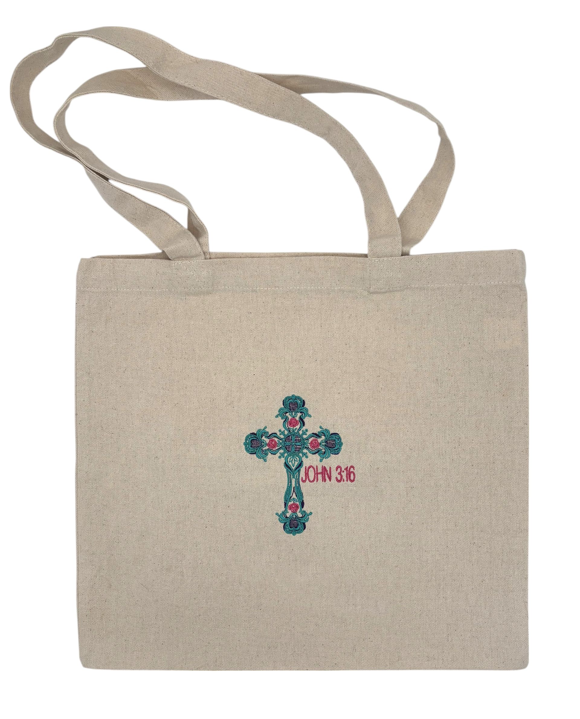 Tote bag with Cross embroidered along with bible verse John 3:16