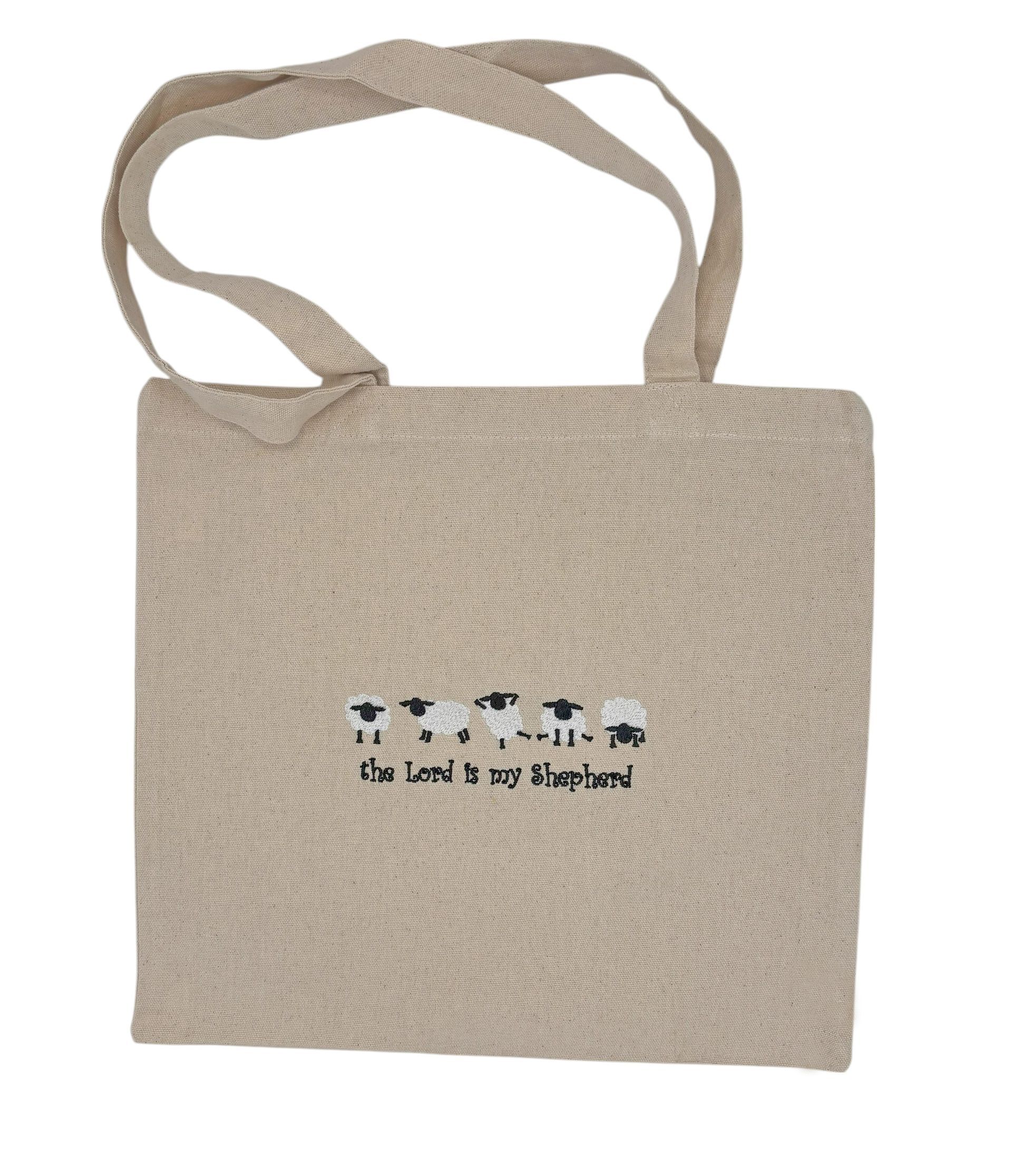 Canvas Tote Bag with The Lord Is My Shepherd embroidered with a row of adorable sheep