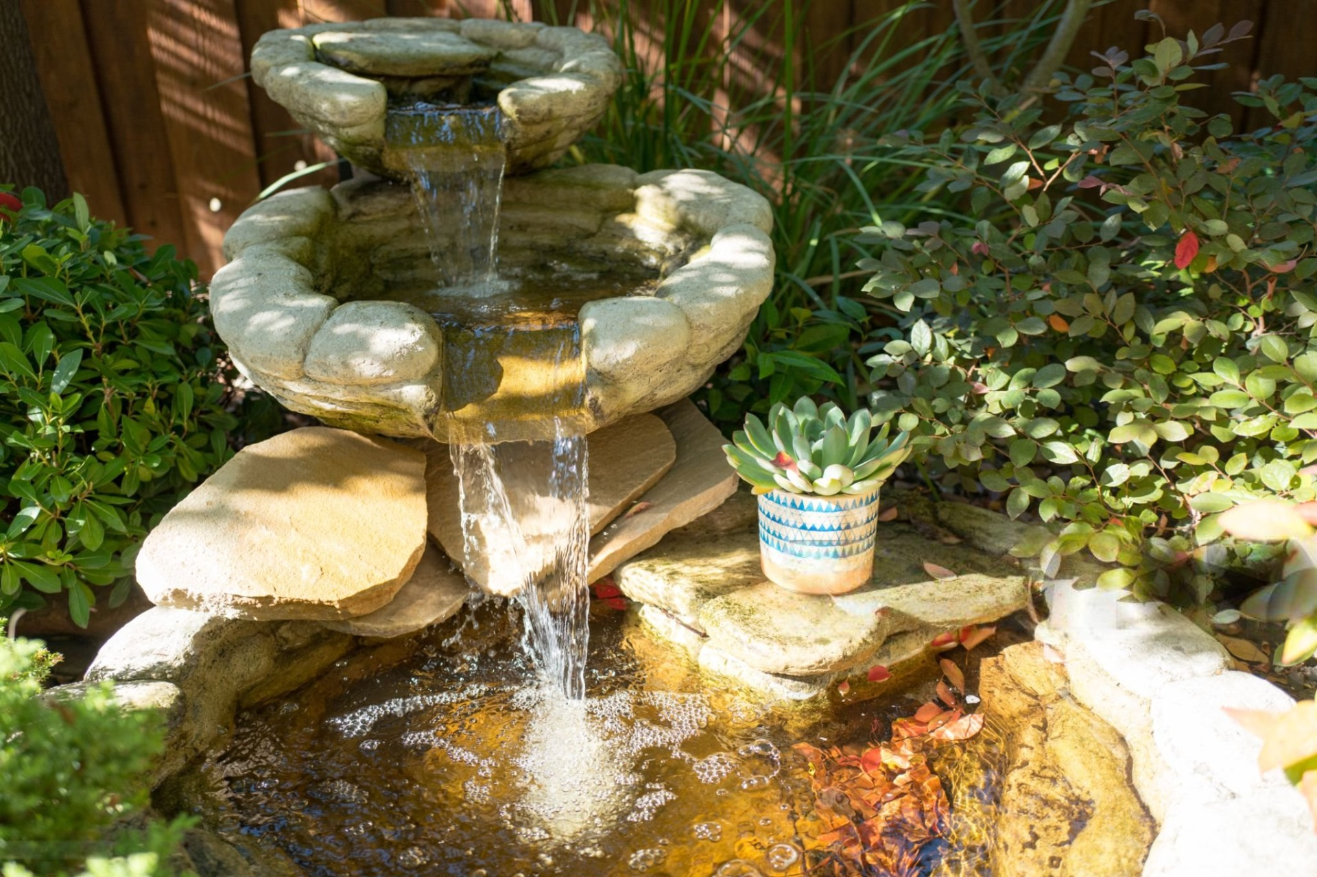 a waterfall in the middle of a pond .