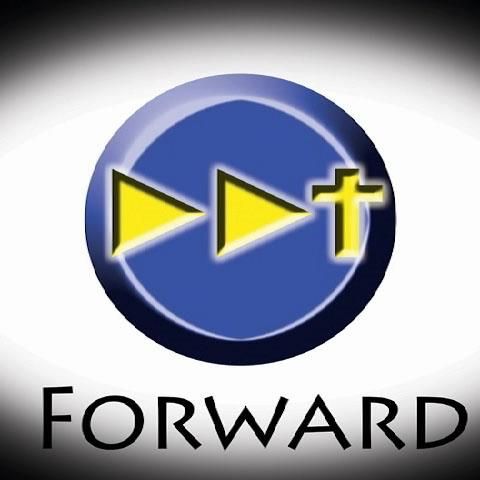 A blue circle with a yellow cross and the word forward