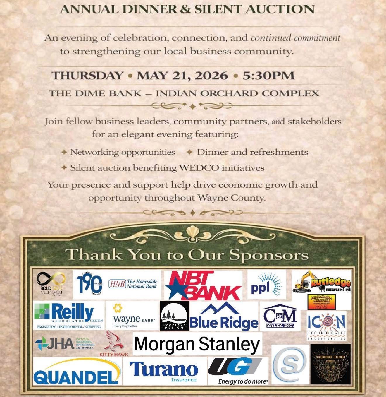 Annual Dinner & Silent Auction flyer with event details and sponsor logos at the bottom