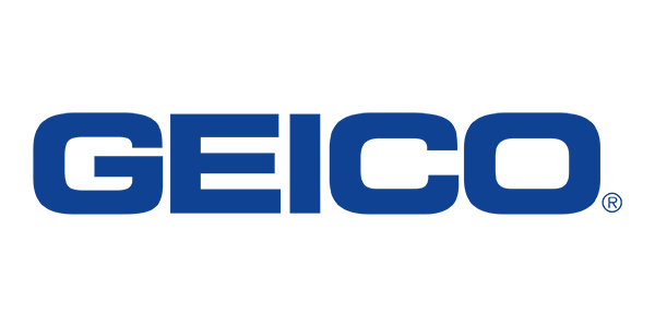 GEICO logo in blue with white outline on a white background