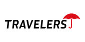 Travelers logo in black with a red umbrella arc over the final letter J