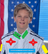 Young person in a white racing suit with colorful accents, in front of an American flag.
