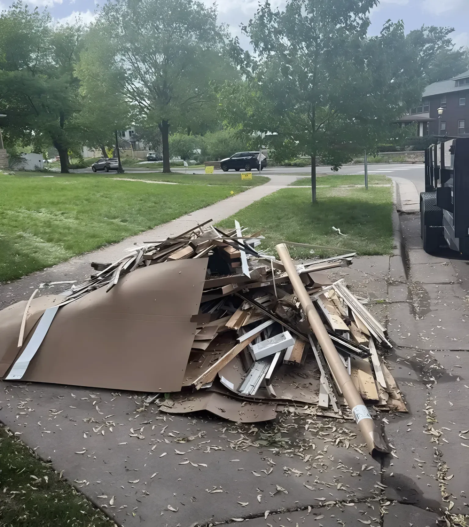 Pile of construction debris on a driveway next to grass and a sidewalk, with a truck in the background.