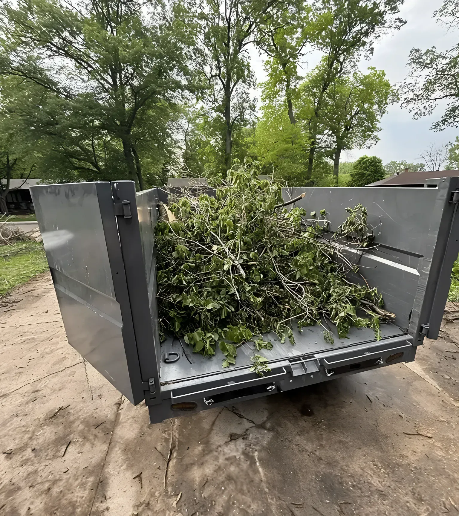 A gray dumpster filled with green tree branches, set outdoors on a concrete surface.