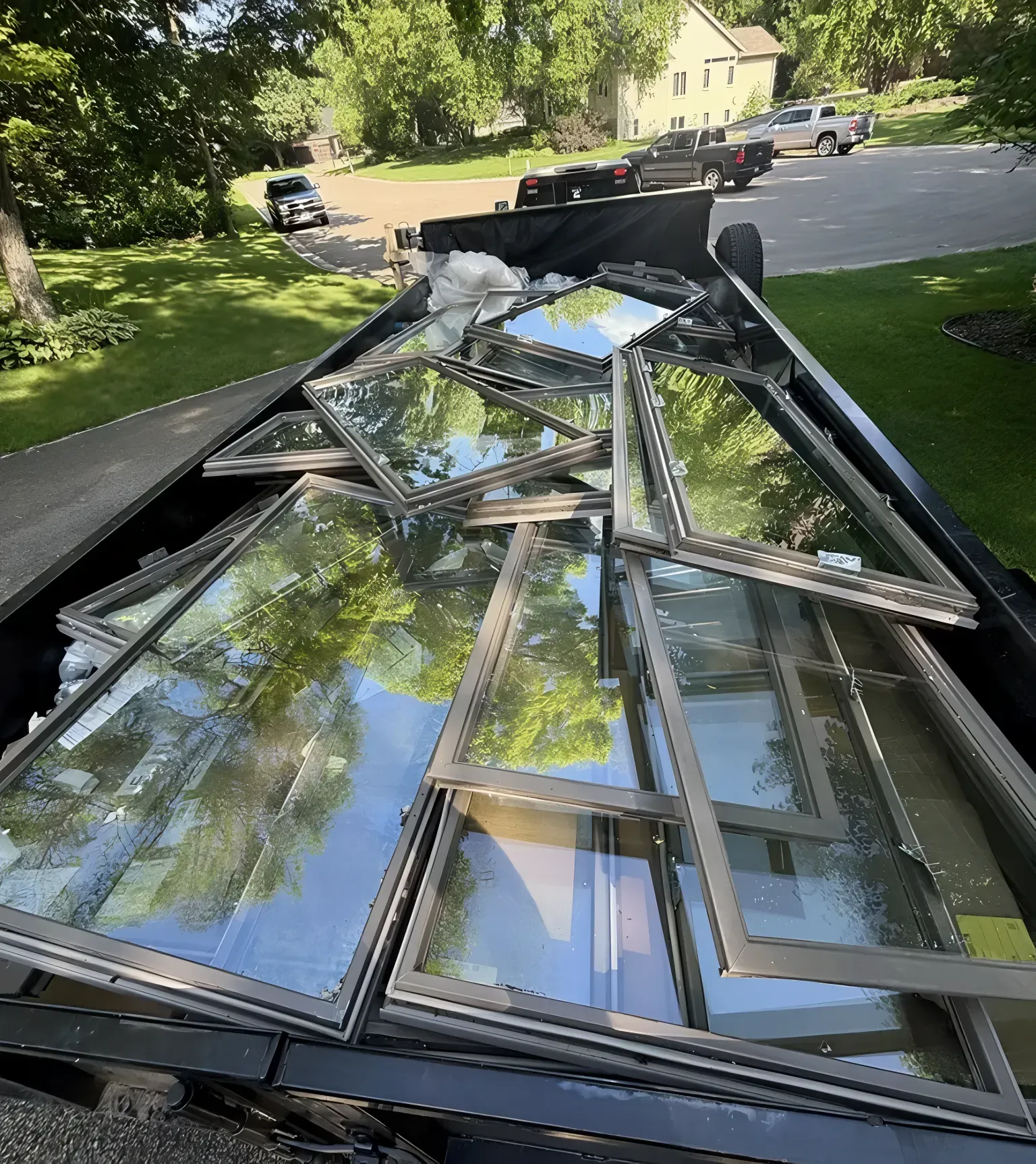 Dumpster filled with discarded windows reflecting the sky and trees, outside on a sunny day.