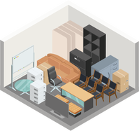 An isometric illustration of a room filled with furniture.