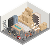 An isometric illustration of a storage room filled with furniture and boxes.