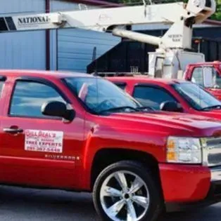A red truck is parked in front of a building that says national