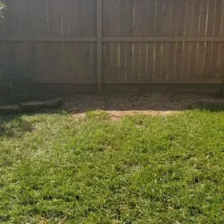 A wooden fence surrounds a lush green lawn in a backyard.