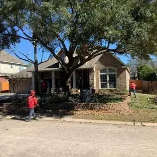 A group of people are working on a tree in front of a house.