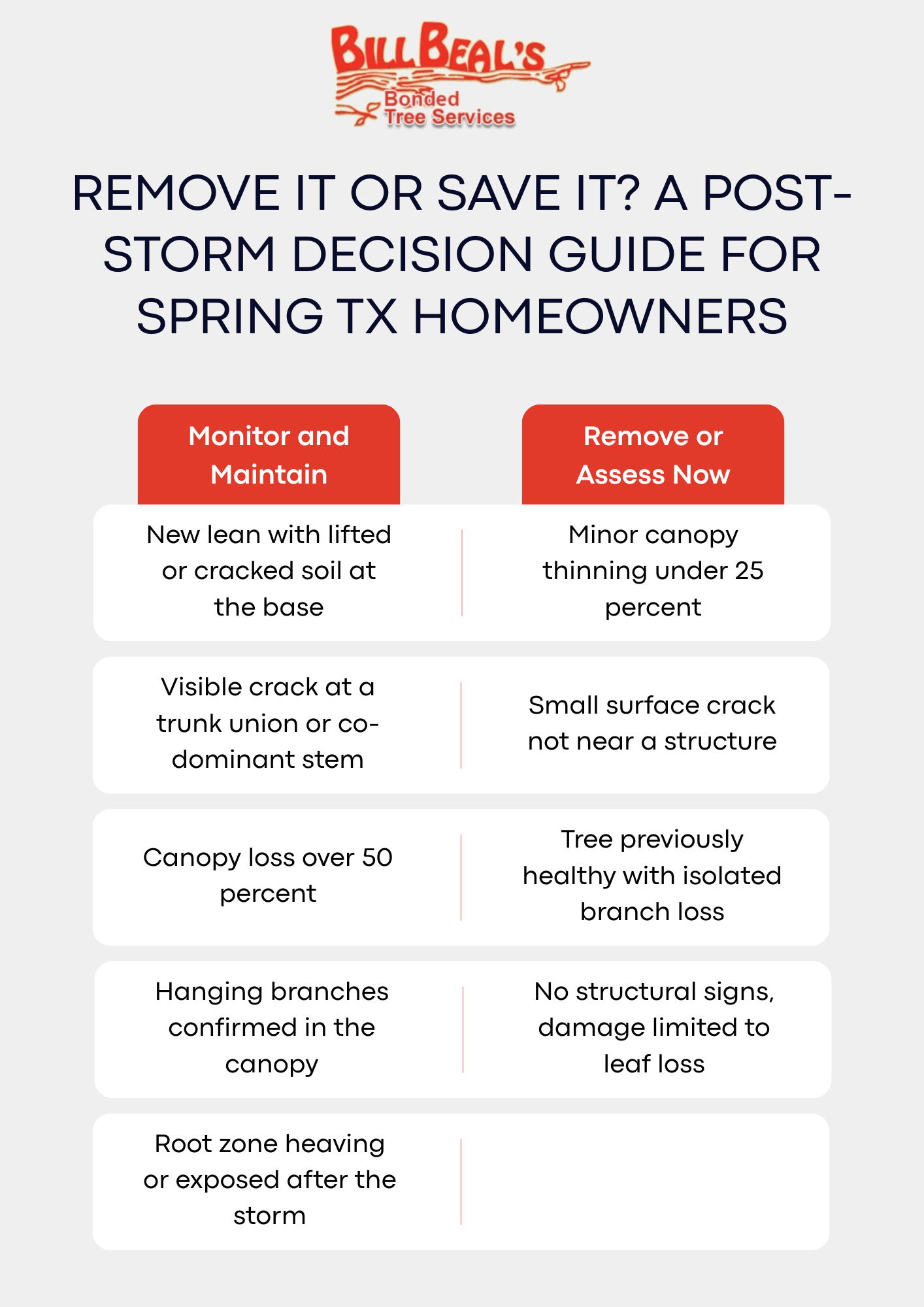Storm decision guide poster with red and white panels for deciding whether to remove or save trees after a storm