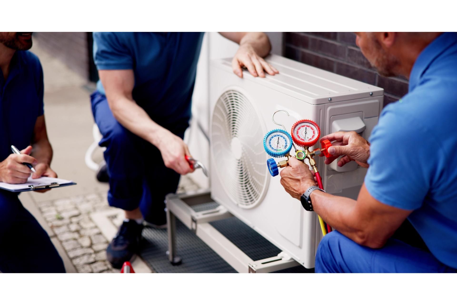 Three professionals in blue uniforms inspect an outdoor HVAC unit using a manifold gauge set and a clipboard.