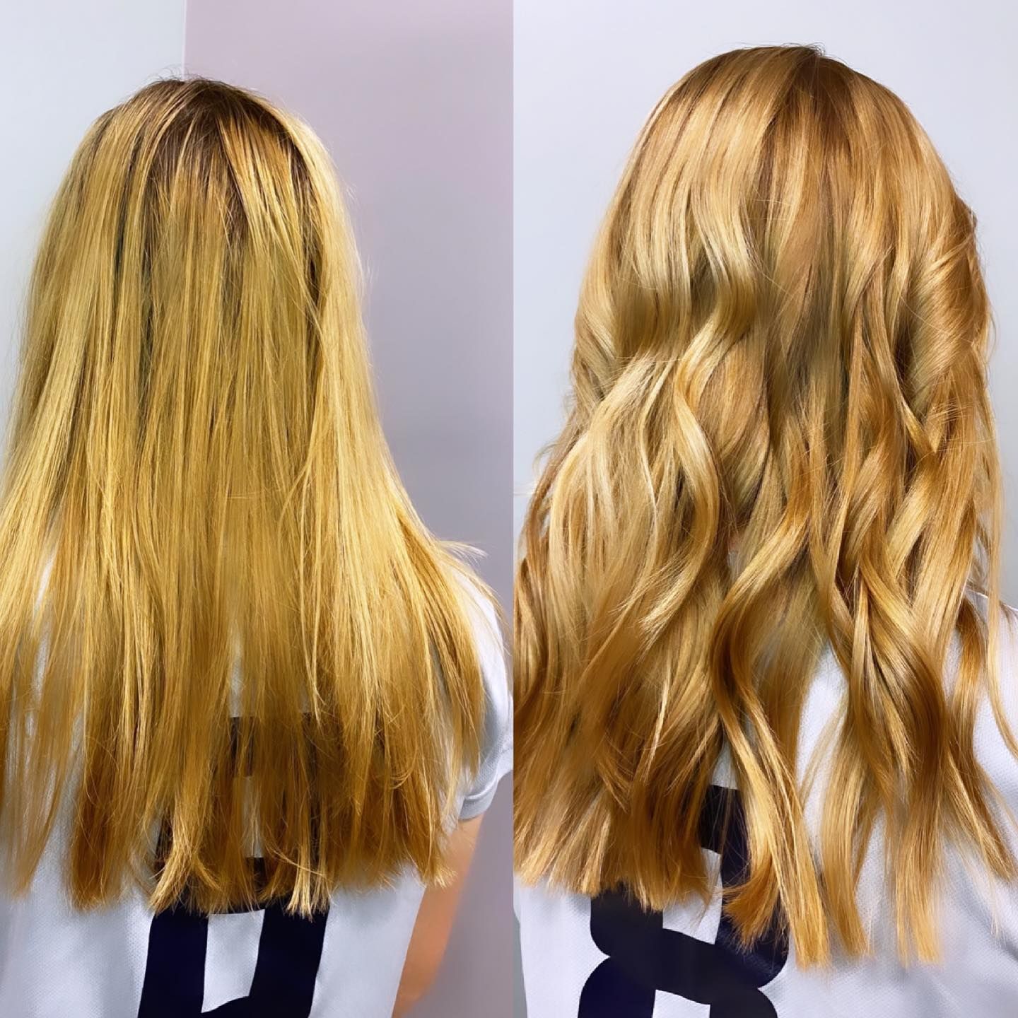 Before and after of a woman's bleached blonde hair. The after shows a styled golden blonde.