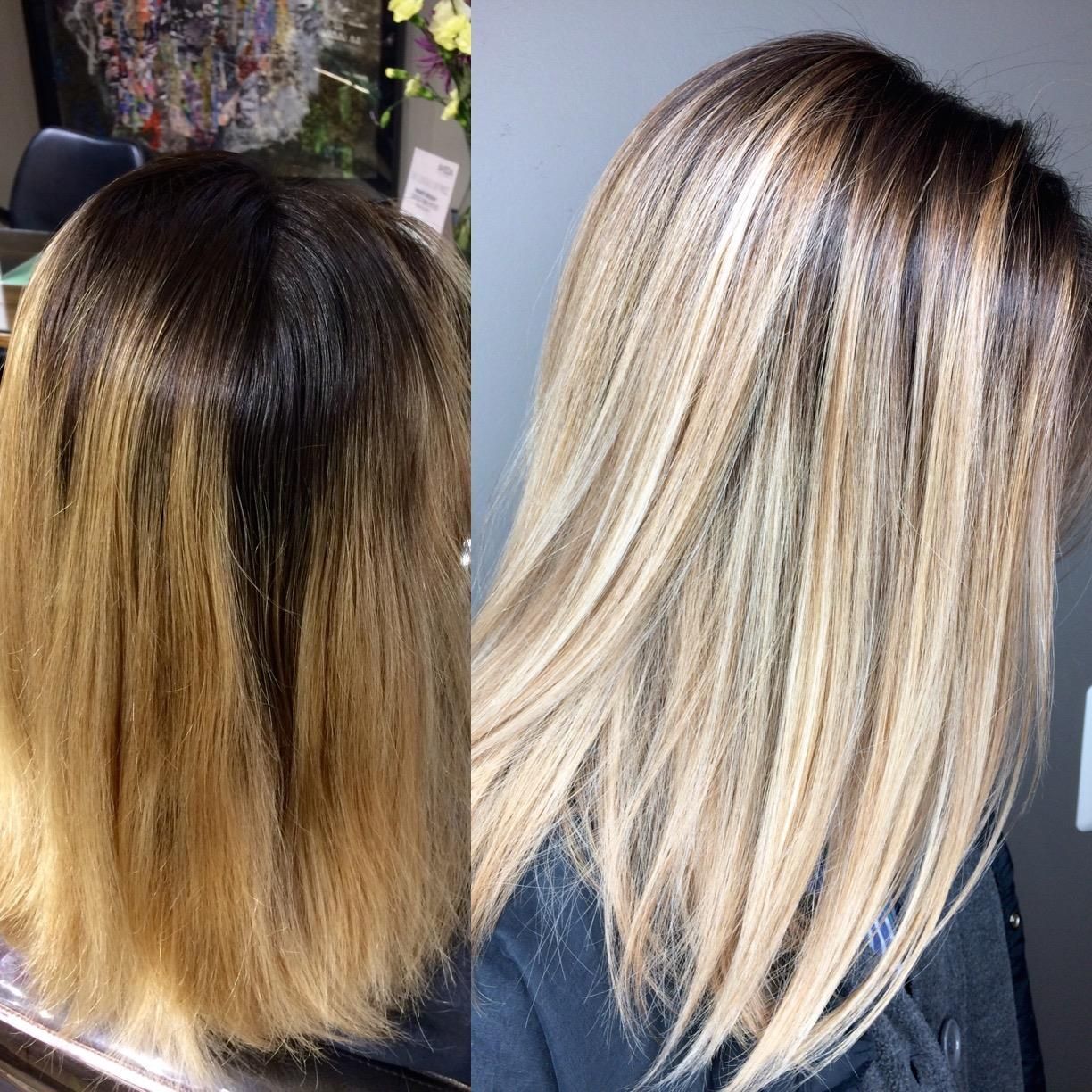 Before and after: brunette hair with blonde highlights, salon setting.