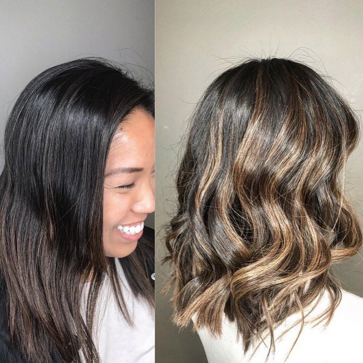 Woman with black hair smiles, transitioning to a wavy bob with brown and blonde highlights.