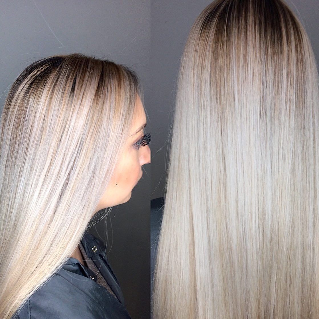 Woman with long, blonde hair. Hair is ombre, dark roots to light ends. Profile view.