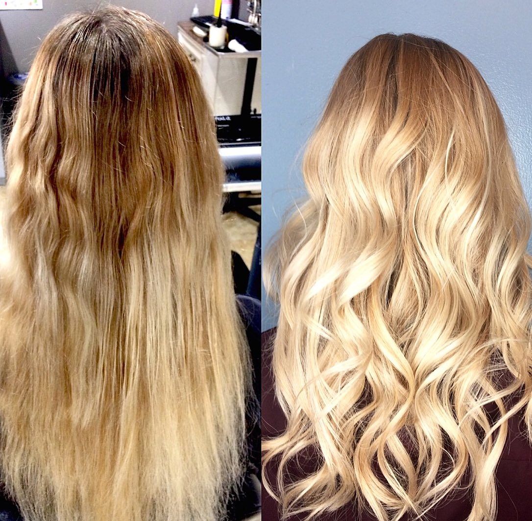Before and after photo of blonde hair transformation; dark roots to light blonde with curls.