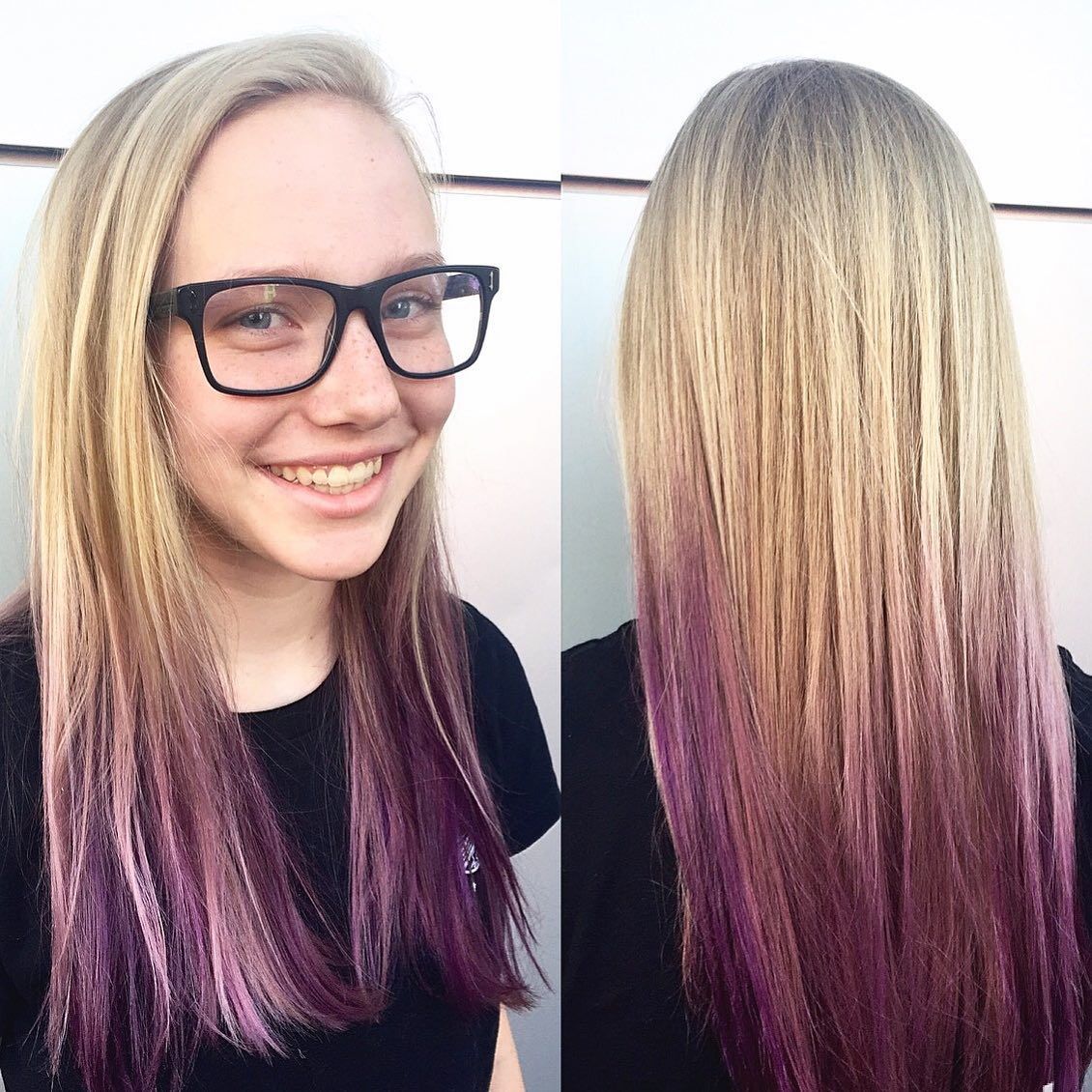 Blonde-haired person with purple ombre and glasses smiling.