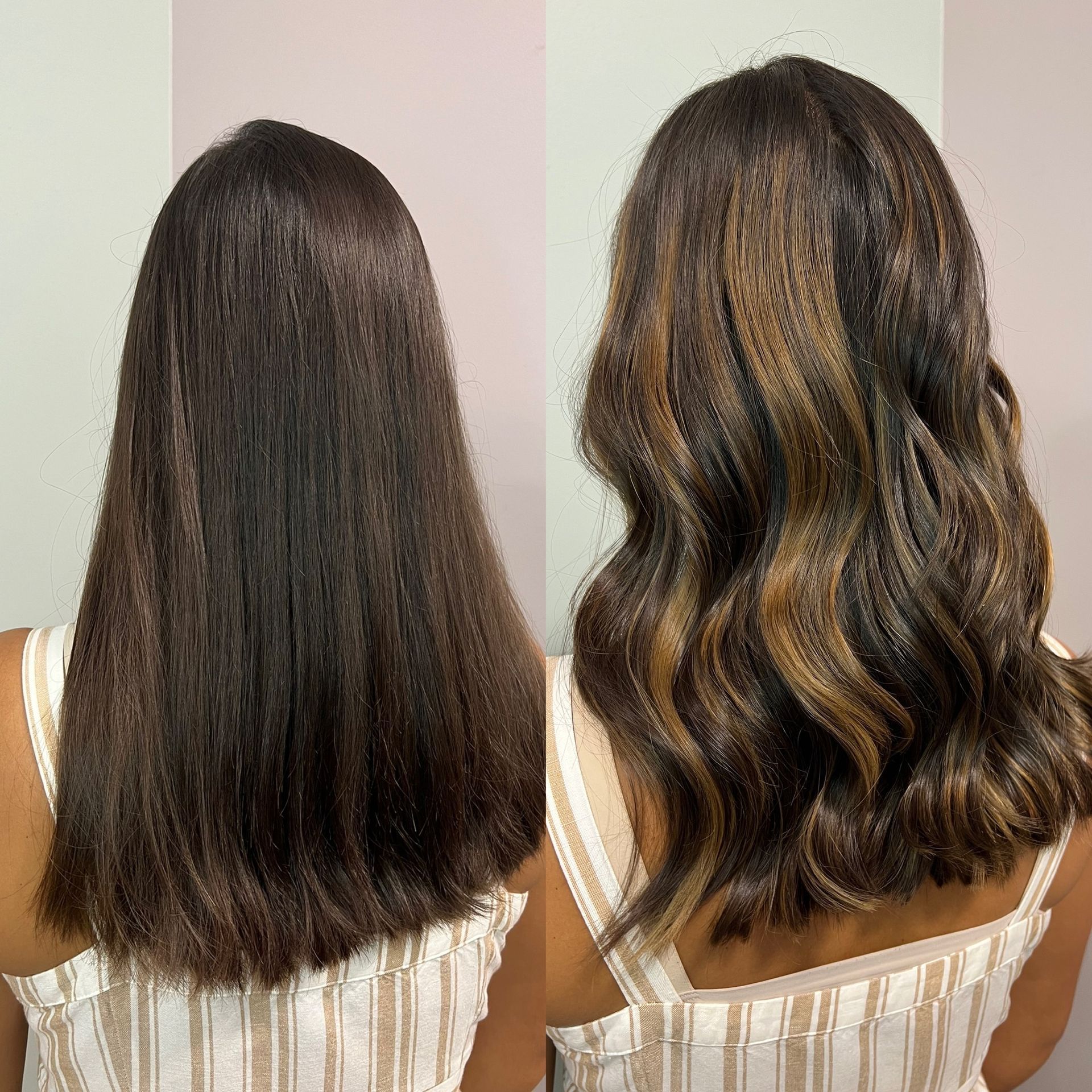 Before-and-after hair transformation: dark hair straightened, then styled with waves and golden highlights.