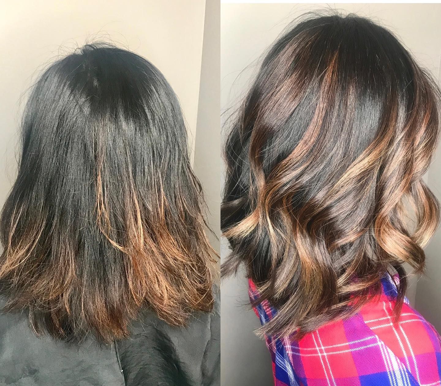 Before and after: Black hair styled with highlights and a wavy bob.