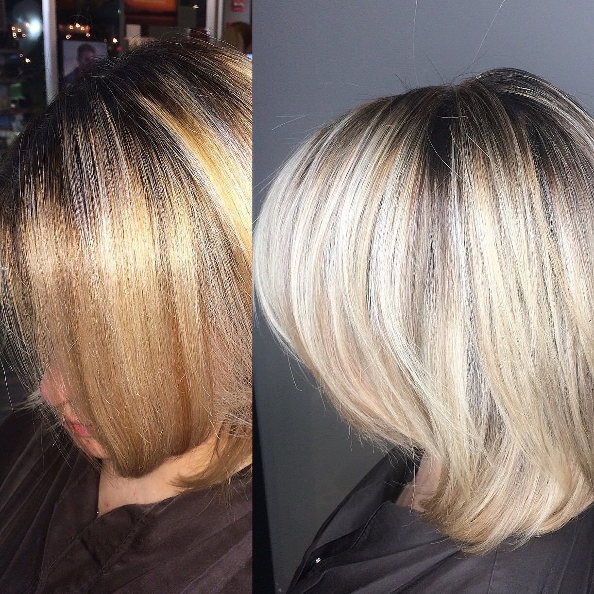 Before-and-after of a woman's hair transformation. Dark roots transition to blonde, resulting in a lighter hairstyle.