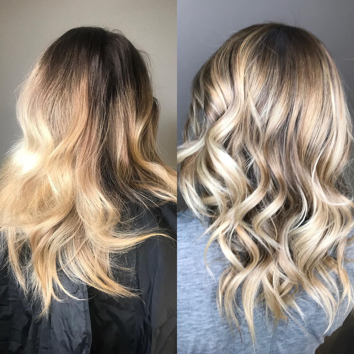 Before and after: Hair transformation. Dark roots blend into blonde highlights, styled in loose waves.