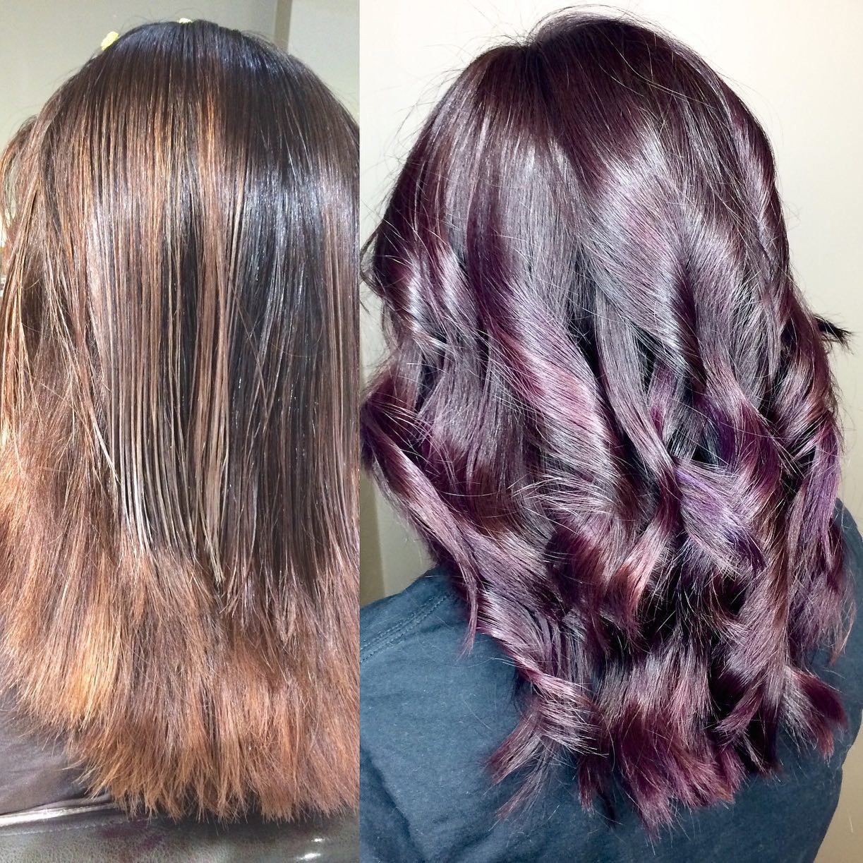 Before and after of hair color: Brown hair to purple curls.