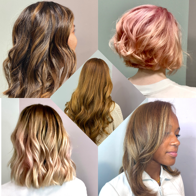 Hair color inspiration collage: Various women with different hair styles and colors, ranging from blonde to brown and pink.
